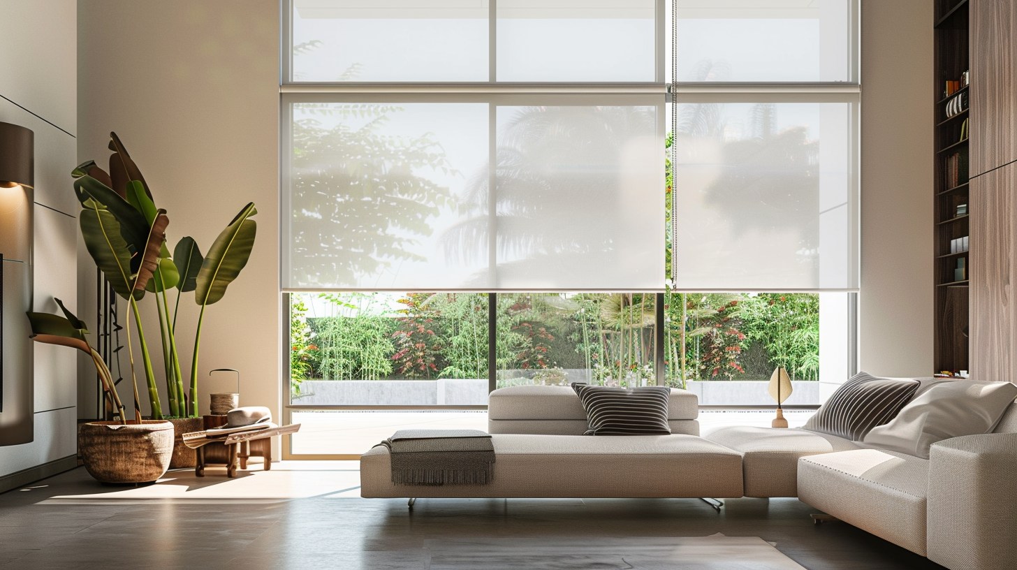 Cordless roller blind half raised in a bright modern living room with clean, minimal decor.