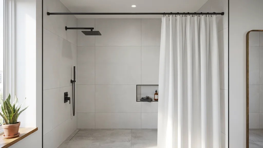 Modern bathroom with a white shower curtain suspended from sleek black hardware