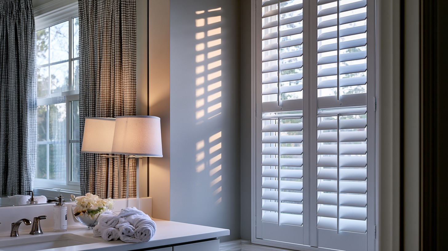 Composite faux wood shutters on a bright bathroom window.