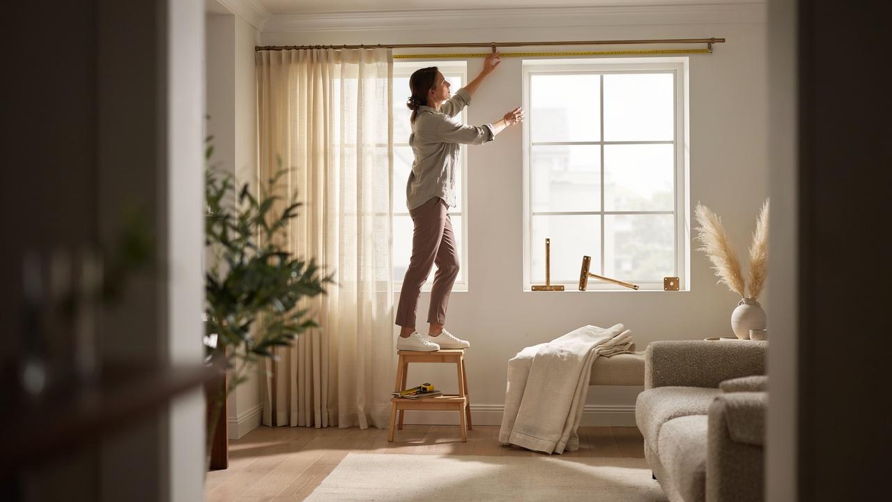 A homeowner positioning a curtain rod below crown molding to determine the best placement for hanging curtains.