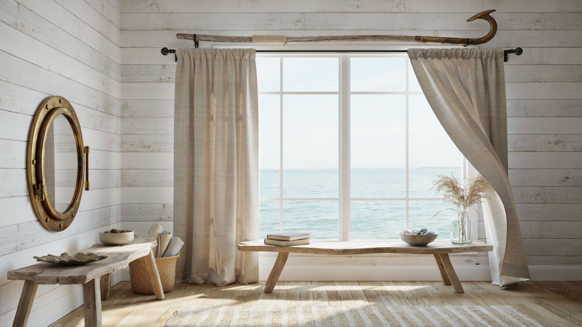 coastal interior with boat hook curtain rod nautical themed seaside decor natural light realistic home scene.