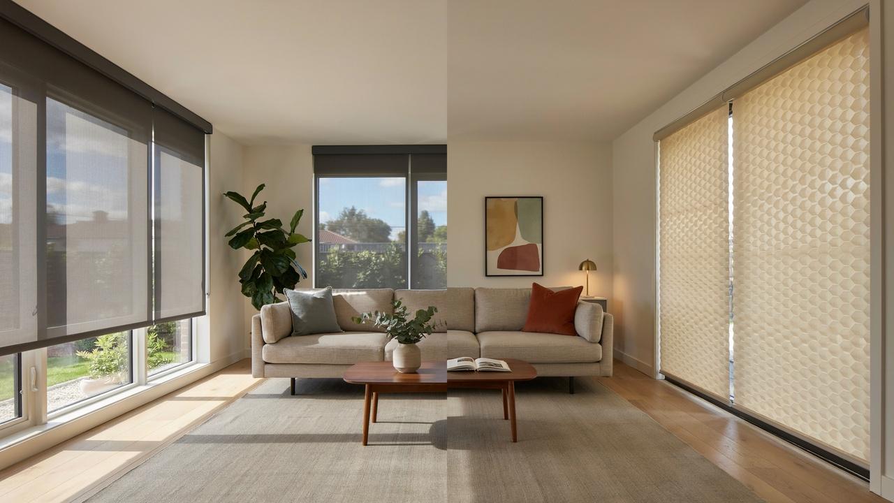 Split room shows dark solar shades on left vs honeycomb cellular shades on right for comparison.