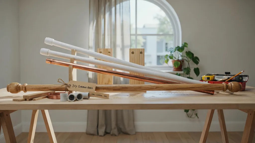 realistic modern home workshop showing DIY curtain rods made from wood copper pipe PVC arranged near stylish window setup scene.