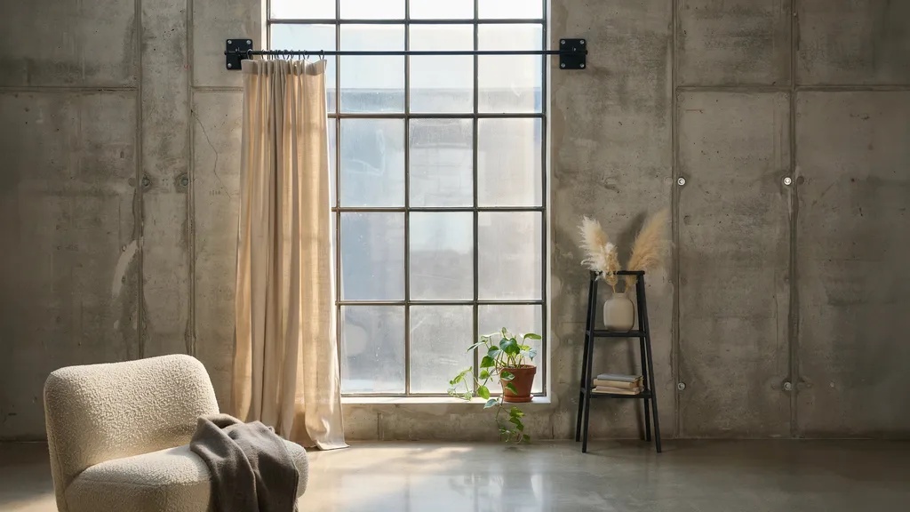 industrial loft window with black conduit curtain rod and metal flange brackets on concrete wall modern minimal design scene.