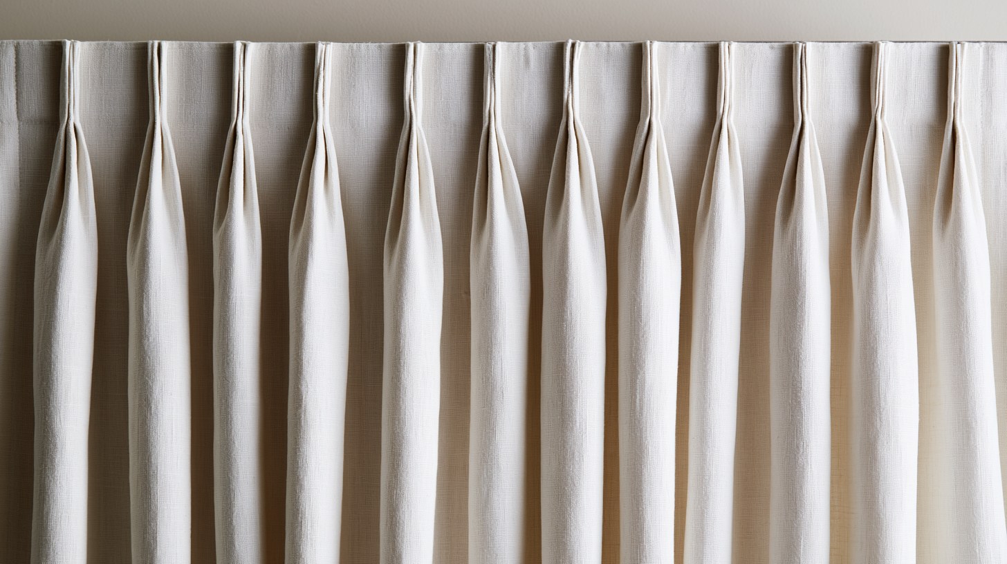 Elegant box pleat curtain header, wide structured pleats creating a clean and balanced rhythm along the top of the drapery.