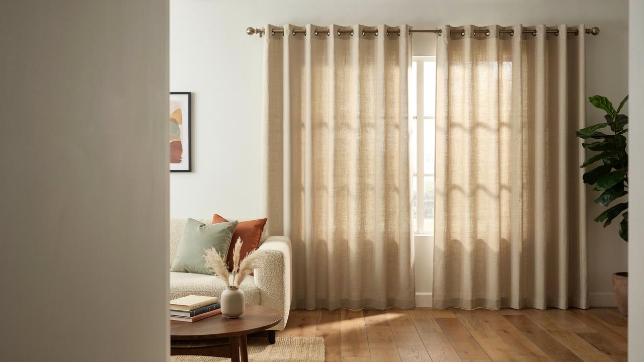 Close-up of modern grommet curtains with metal eyelets hanging directly on a curtain rod in a stylish living room.