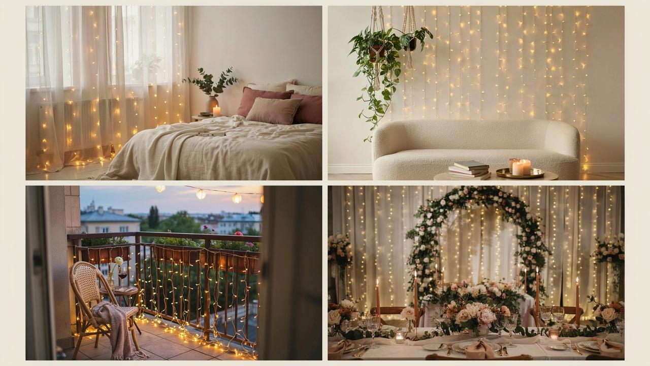 Creative curtain light decorations used in a cozy home and elegant event settings.