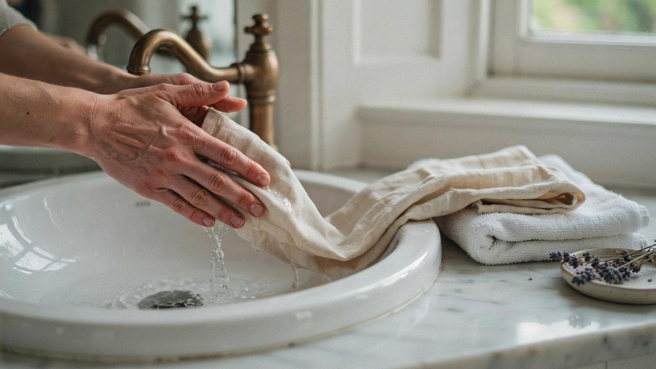 Hands rinse linen curtain fabric in white sink under running water to remove soap residue