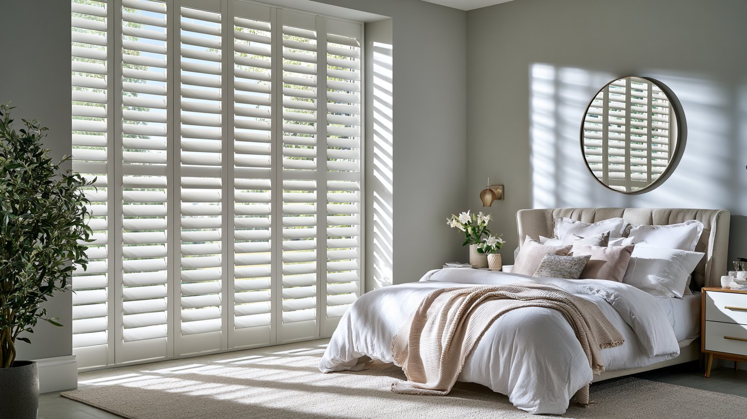 Full height white plantation shutters covering a tall window in a sunny bedroom.