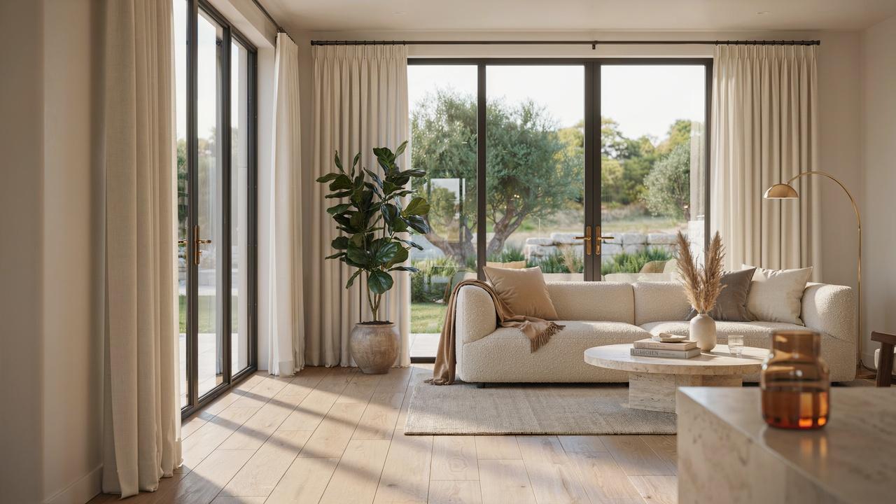 Classy floor-to-ceiling windows and French doors framed with luxurious full-length curtains in a modern interior.