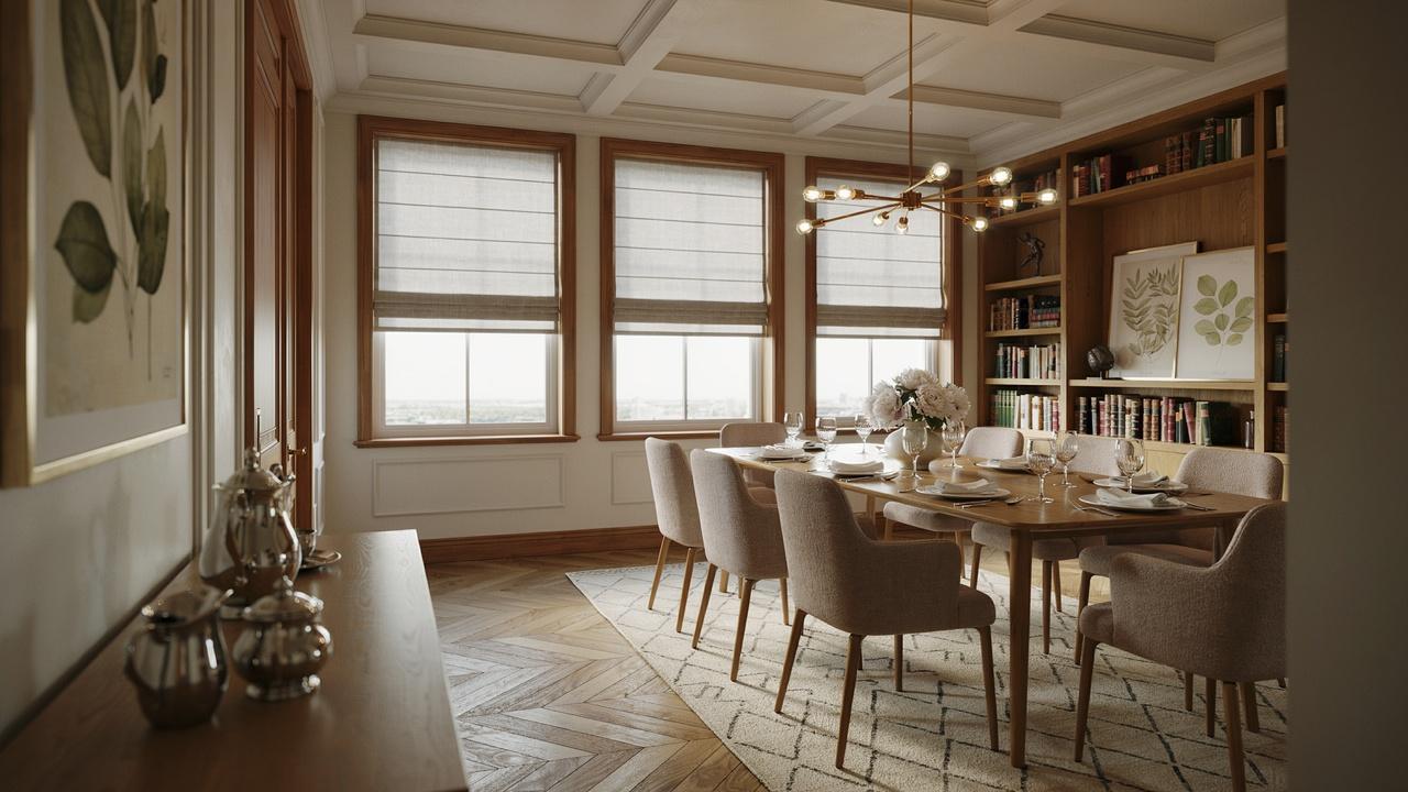 Pleated Roman shades in a dining room.