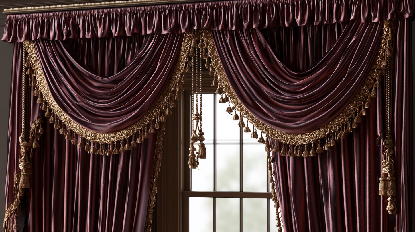 Gold curtain topper with soft pleats, tassels, and warm light.
