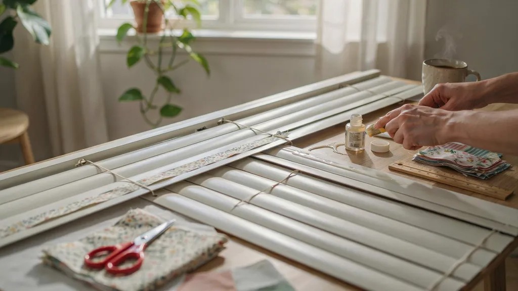 Attaching decorative fabric to blackout shades.