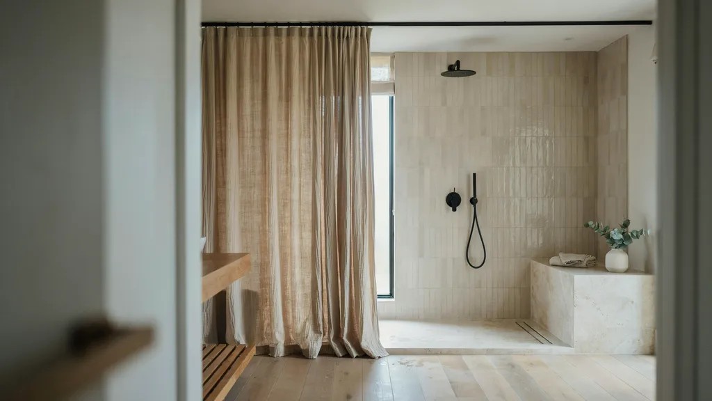 Walk-in shower with a textured fabric curtain that adds depth and visual interest.