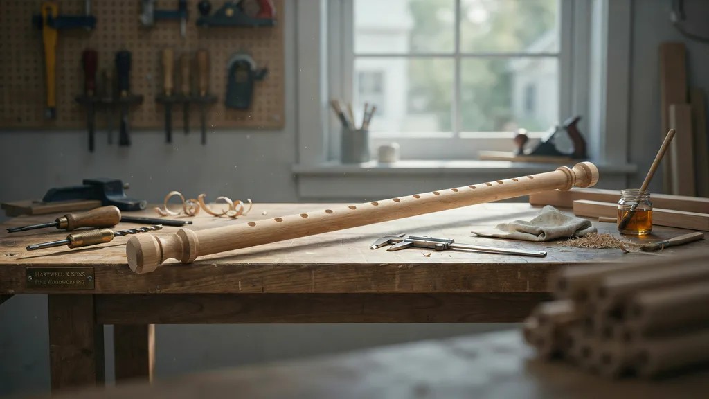 workshop style interior with precision wooden dowel curtain rod drilled decorative ends handcrafted finish realistic DIY craftsmanship scene.