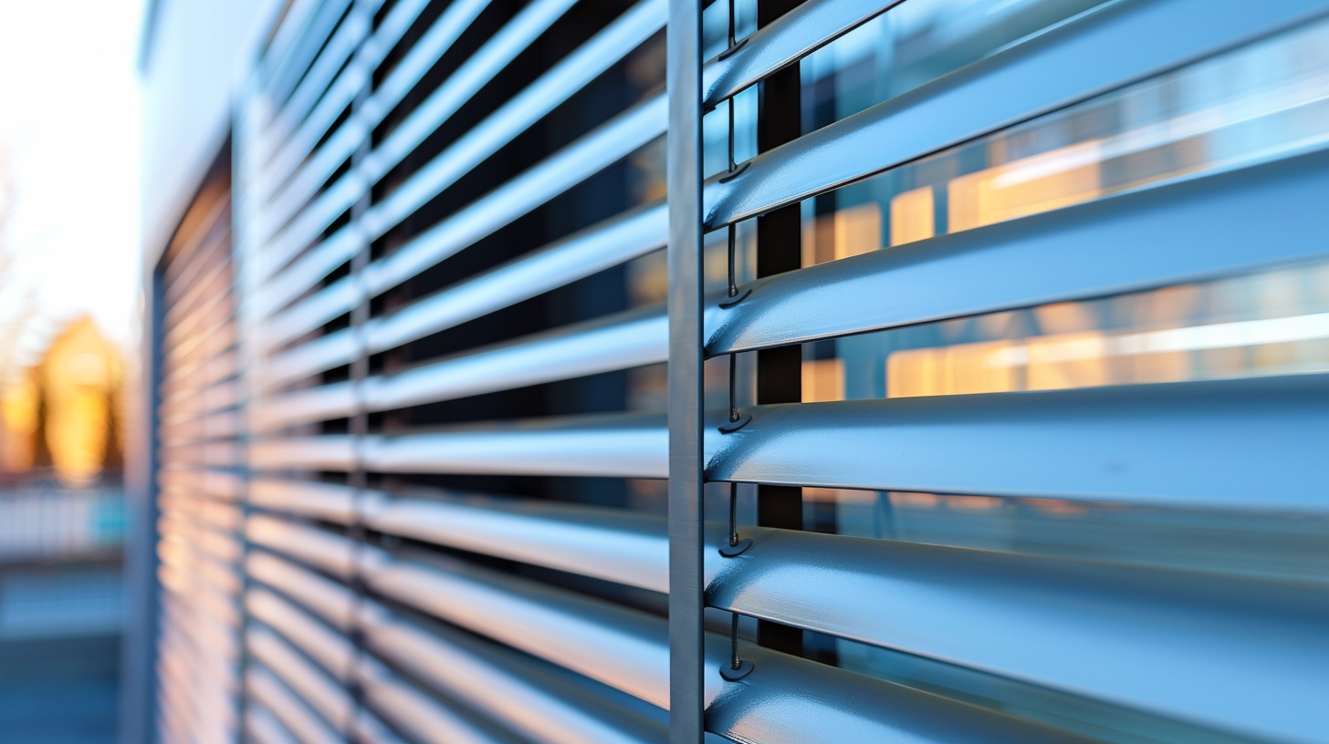 Metallic rolling shutters partly closed on a modern home exterior with bright daylight.
