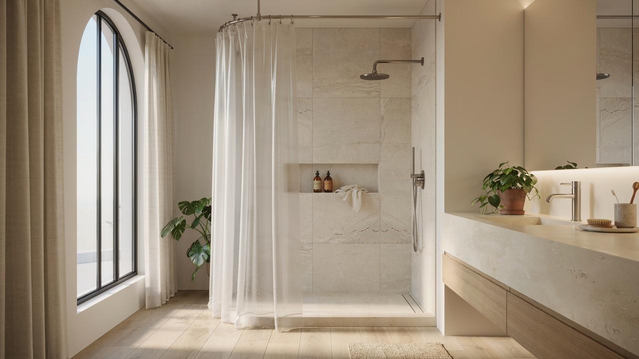 Waterproof PEVA shower curtain inside a modern bathroom.