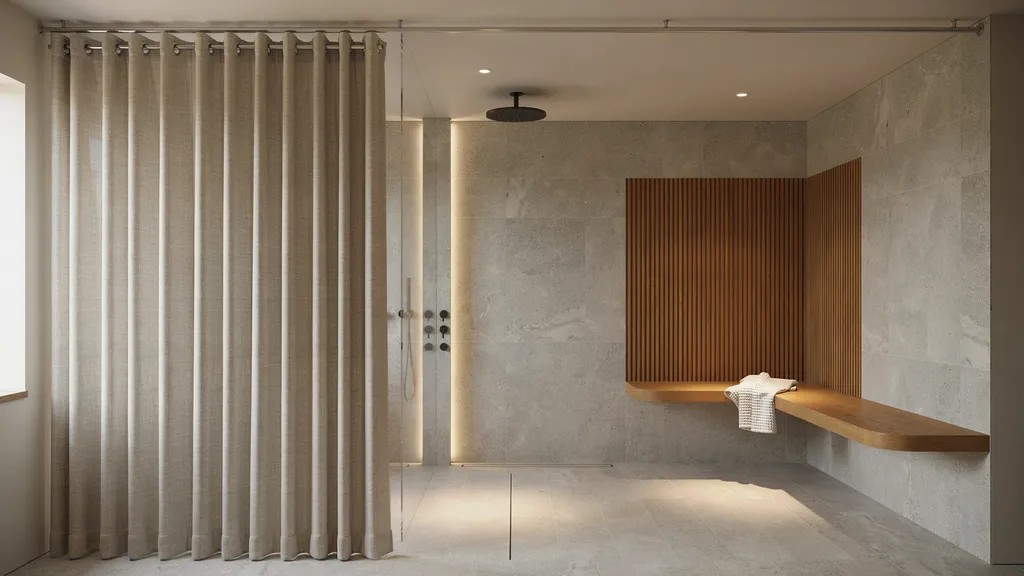 Luxury walk-in shower with a ceiling-mounted floor-to-ceiling curtain, natural stone walls, and spa-influenced finishes.
