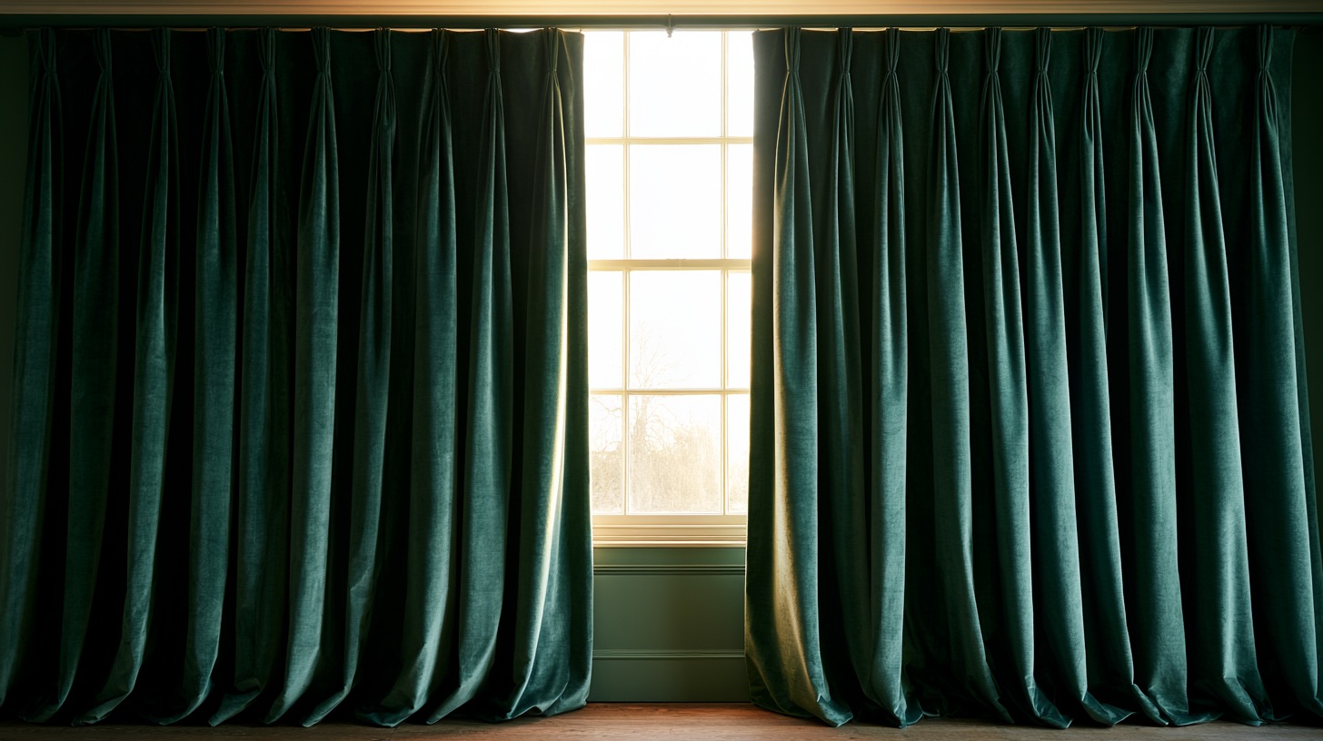 Elegant floor-to-ceiling curtains with goblet pleat headings, cup-shaped pleats along the top rail.