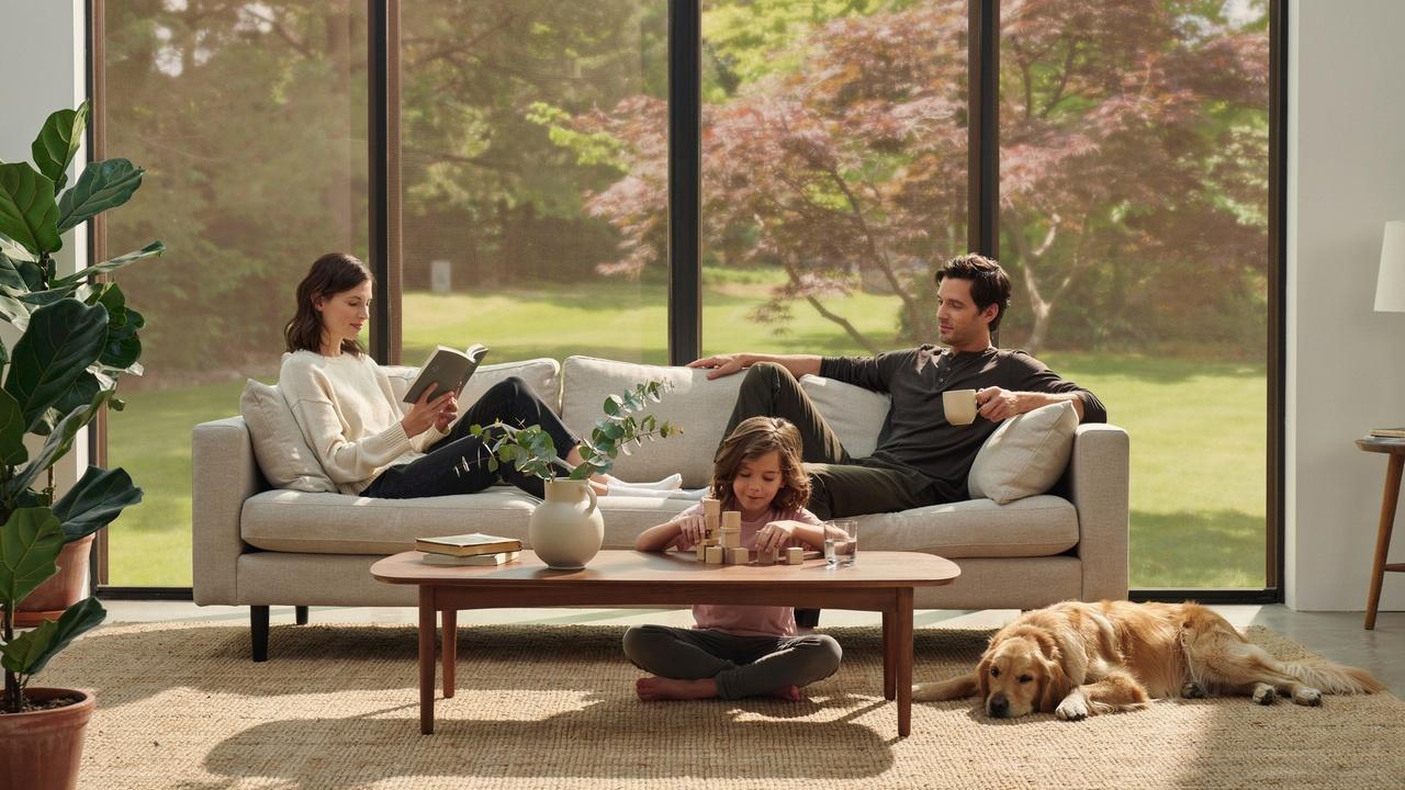 Family relaxing in a living room with solar-screened windows and soft, glare-free natural light.