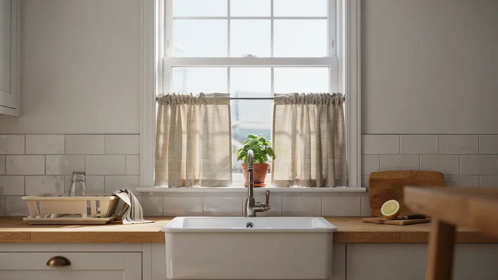 Cafe curtains positioned above a kitchen sink.