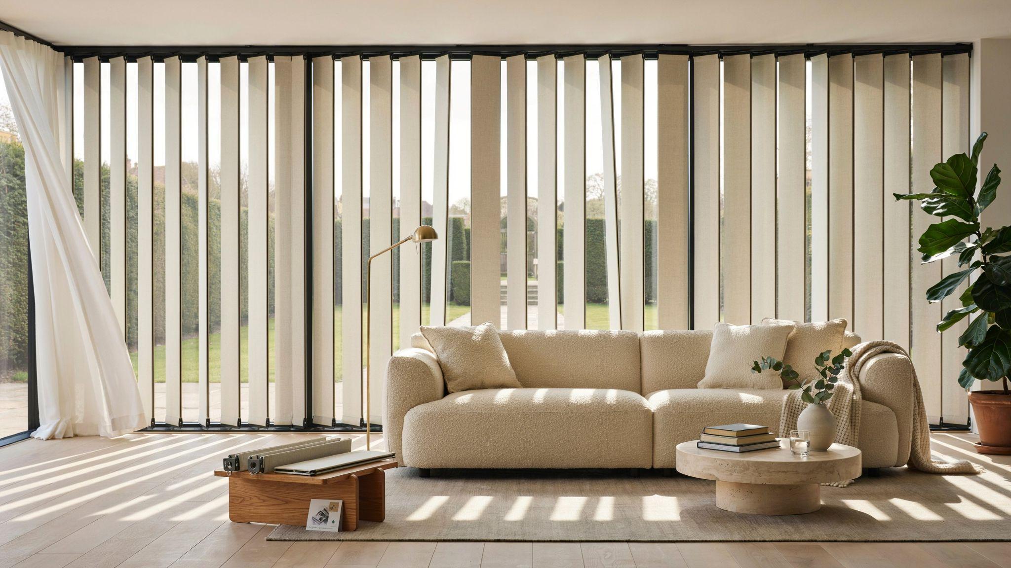 Modern vertical blinds on sliding doors highlighting light control, replaceable slats, and contemporary home design.