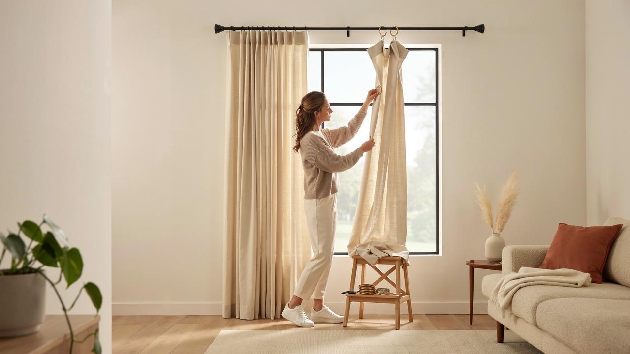 A person hanging curtains with hooks and rings on a curtain rod in a bright, modern living room.