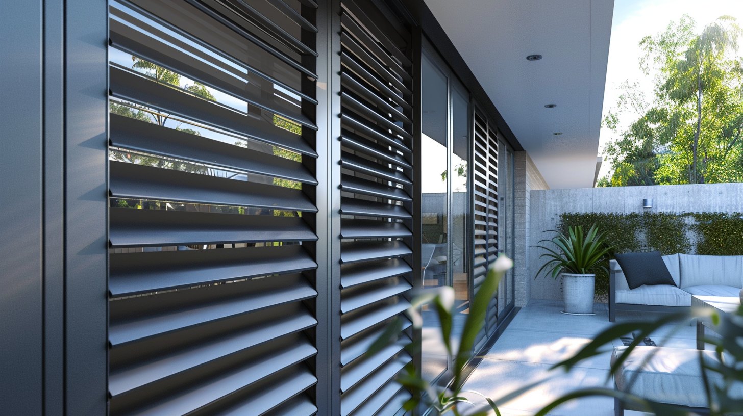 Gray aluminum shutters on a modern patio window with bright daylight and clean lines.