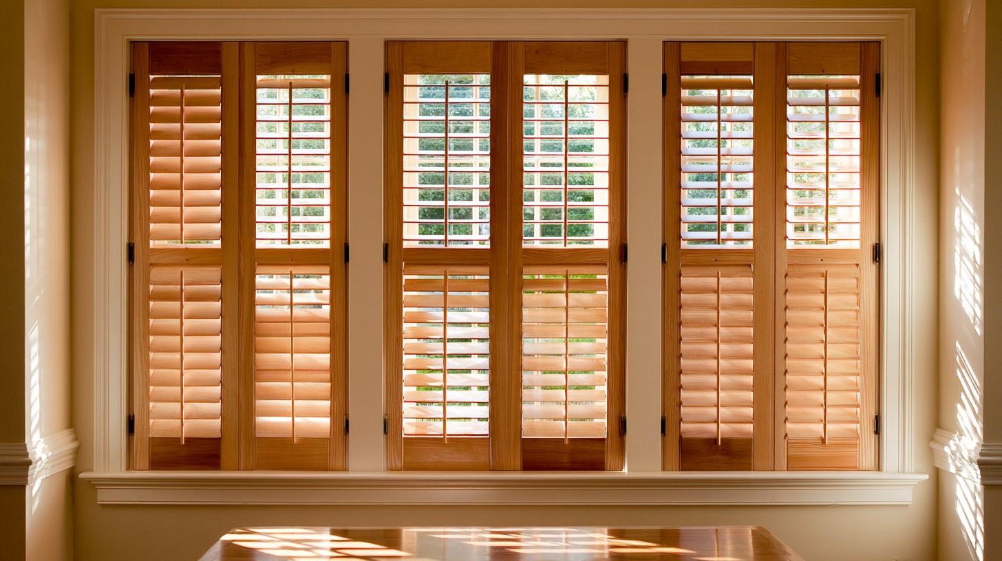 Traditional wood shutters with narrow slats on three windows in a warm room.