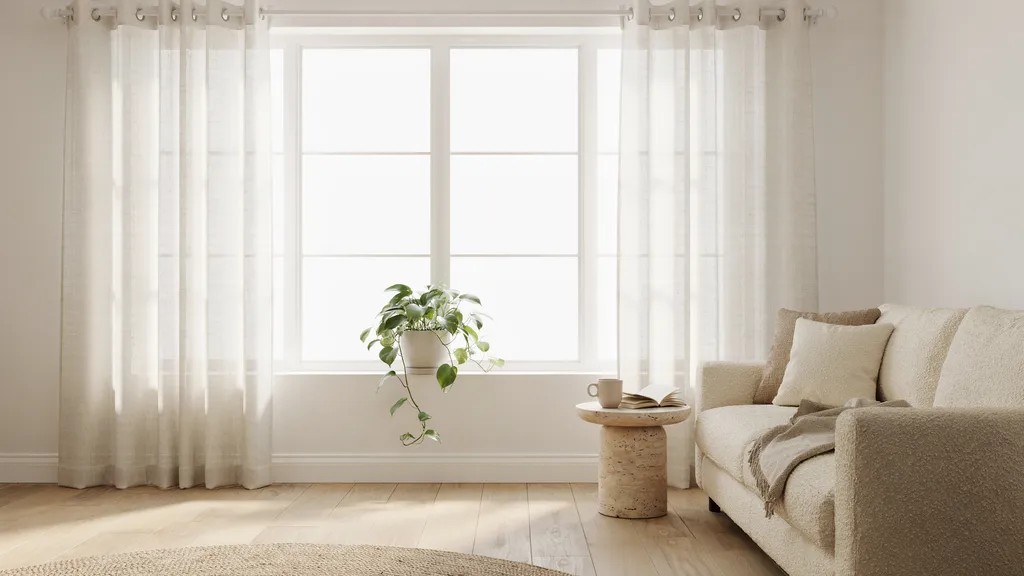 bright modern room with white PVC curtain rod blending into wall minimalist airy interior soft daylight scene.
