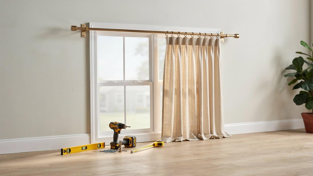 Window with properly positioned curtain rod brackets and installation tools demonstrating correct bracket placement.