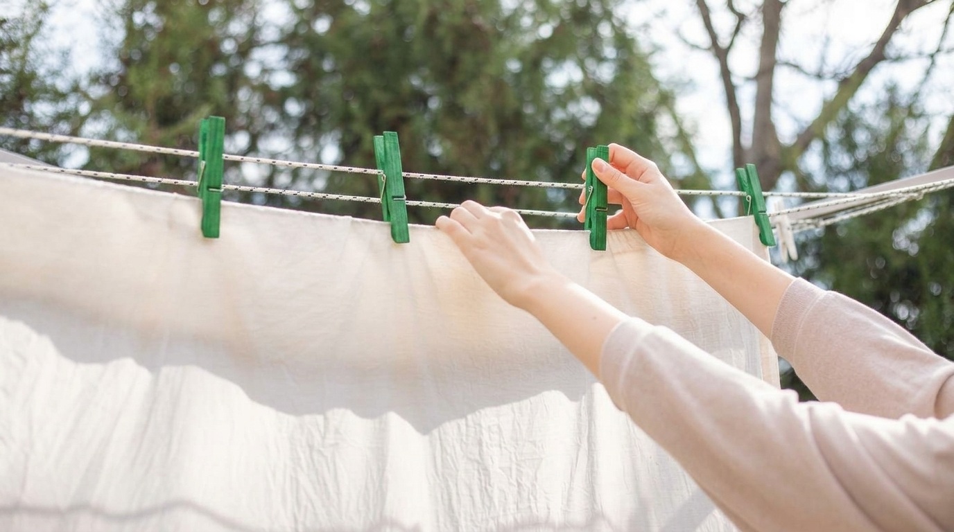Hands hang white linen curtains on outdoor line with green clips to air dry after washing