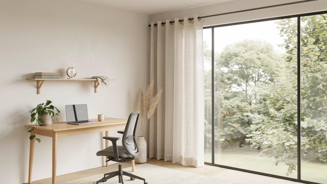 Minimalist home office featuring modern grommet curtains beside a sunlit window and a clean, uncluttered workspace.