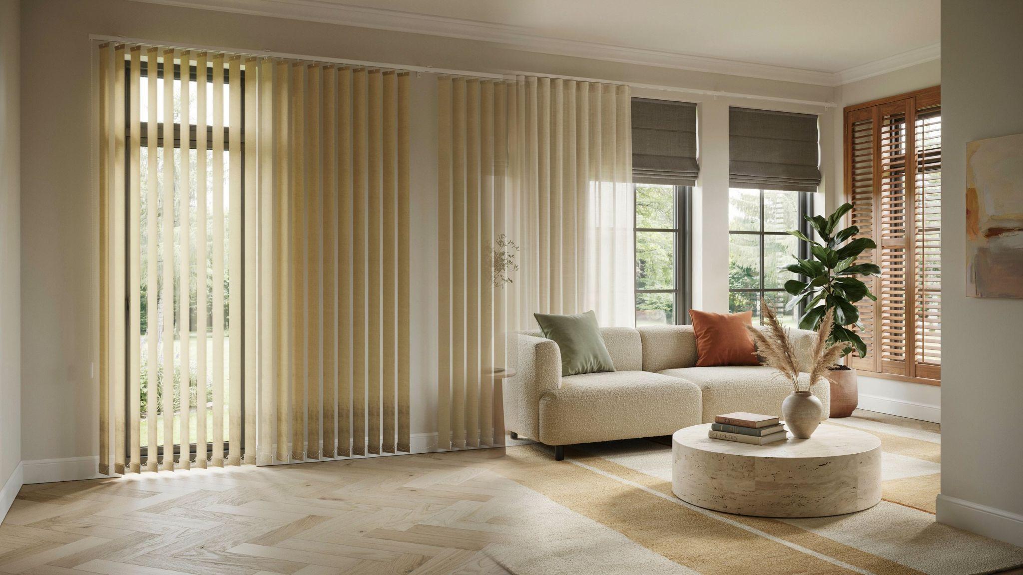 Modern window treatments replacing outdated vinyl vertical blinds in a bright contemporary living room.