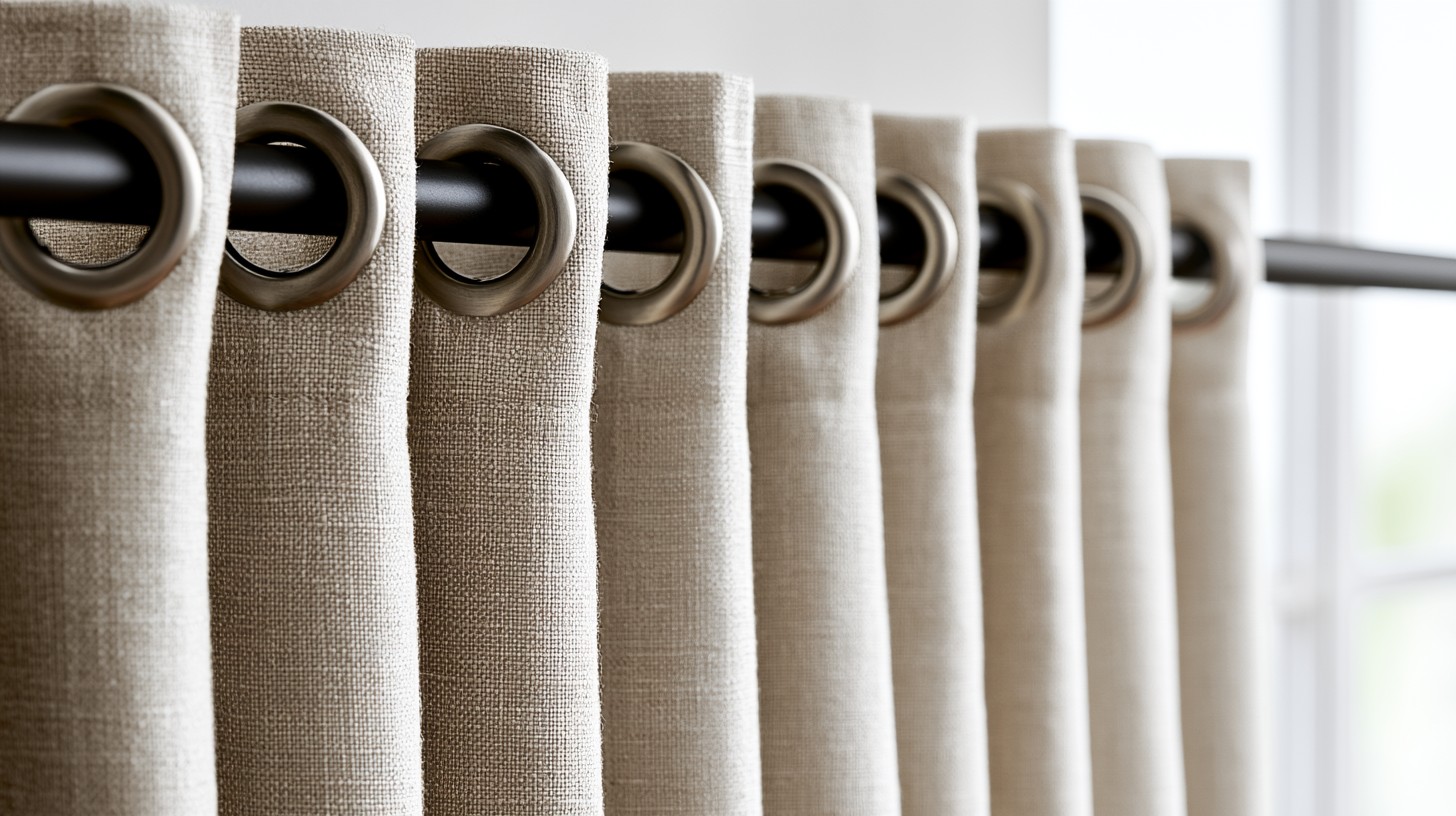 Curtain fabric with integrated eyelet rings sewn directly into the curtain header.