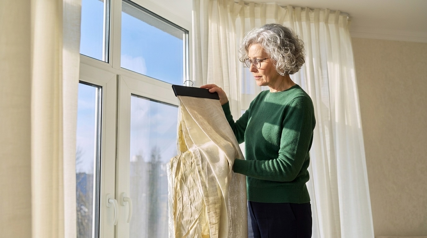 Woman inspects clean beige linen curtains by window to check for stains and fabric quality