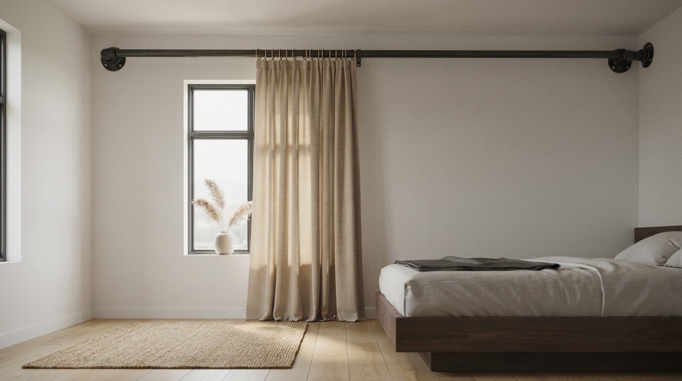 sleek modern room with spray painted metallic conduit curtain rod premium DIY finish clean minimalist window interior design scene.