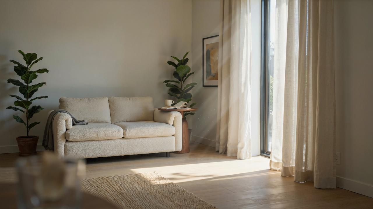 Sunlight passing through window curtains demonstrating how fabric thickness and material influence indoor room temperature.