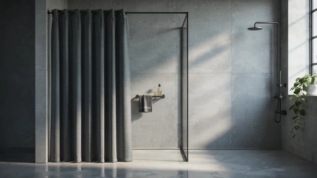 Industrial walk-in shower featuring a dark curtain and black metal hardware.