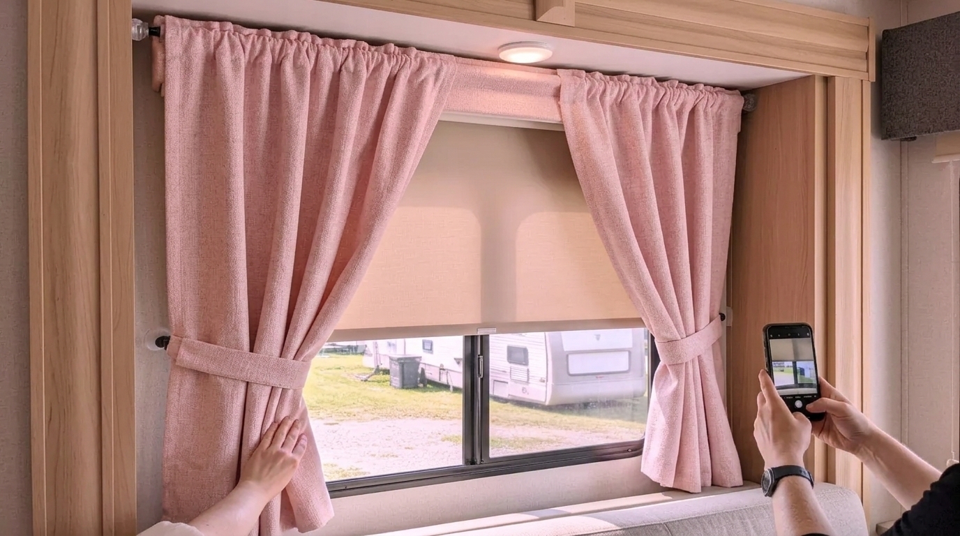 Adjusting tied pink camper curtains on a rod above a shade while capturing the setup on phone