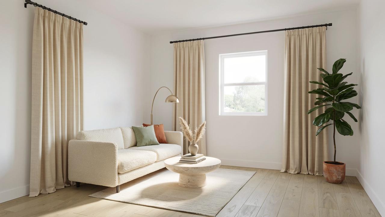 Small window styled with high and wide curtain placement to create the illusion of a larger, more spacious window.