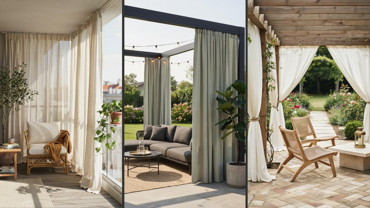 Outdoor curtain ideas for a balcony, patio, and pergola, each featuring a stylish and functional setup.