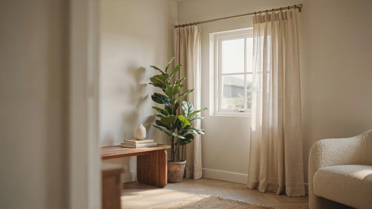 A cozy room featuring a small window with well-proportioned curtains that improve the compact space.