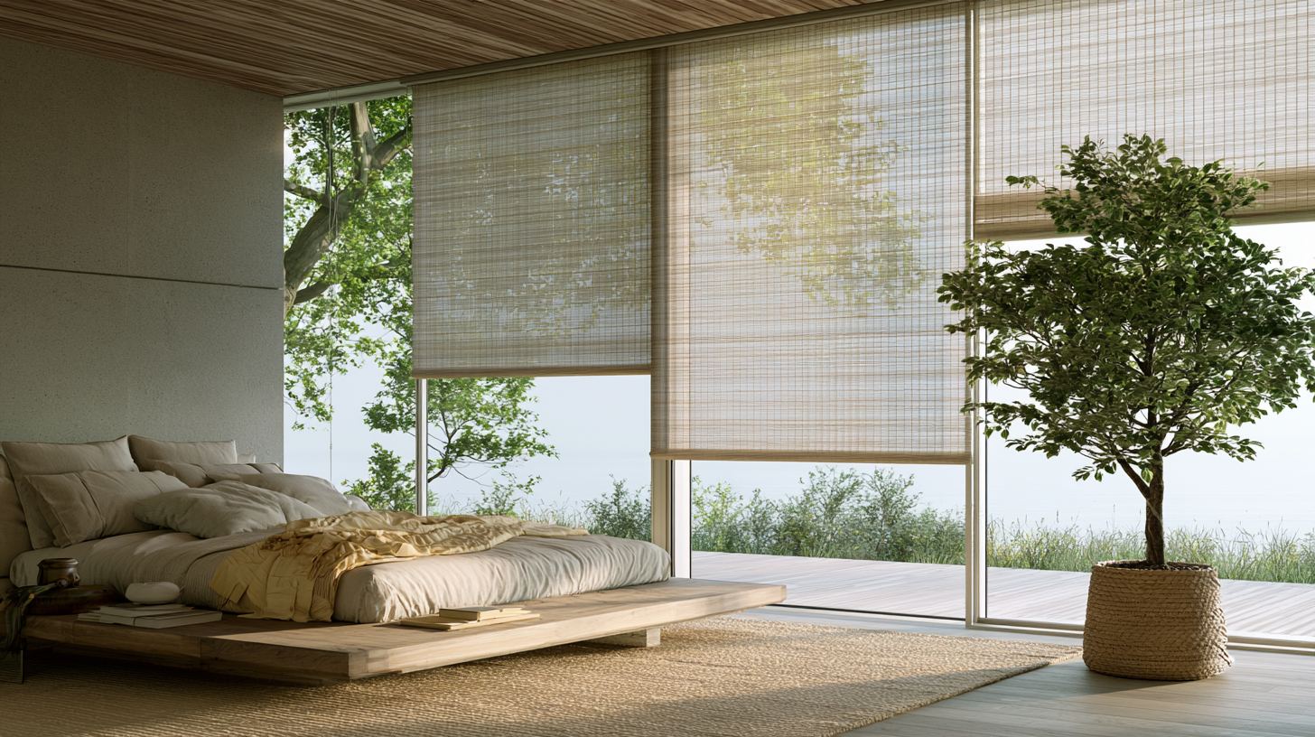 Cordless woven blinds raised halfway on large bedroom windows with a green tree view outside.