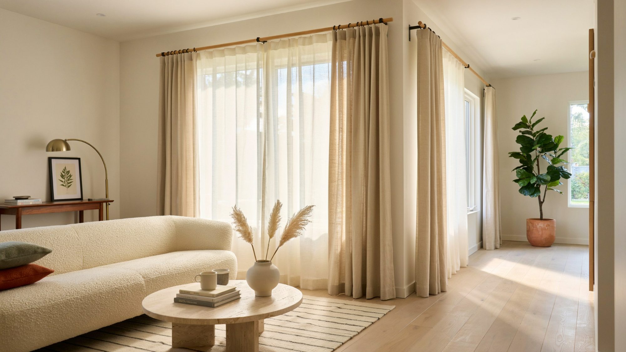 modern living room with IKEA brackets supporting wooden dowel curtain rod clean minimal home interior design scene.
