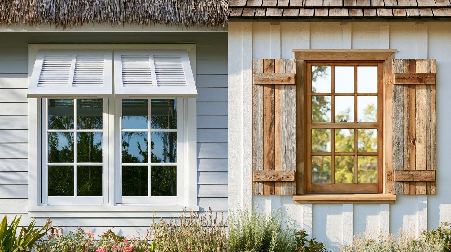 Bahama shutters propped open at the top over a window and the rustic board and batten shutters on either side of a window.