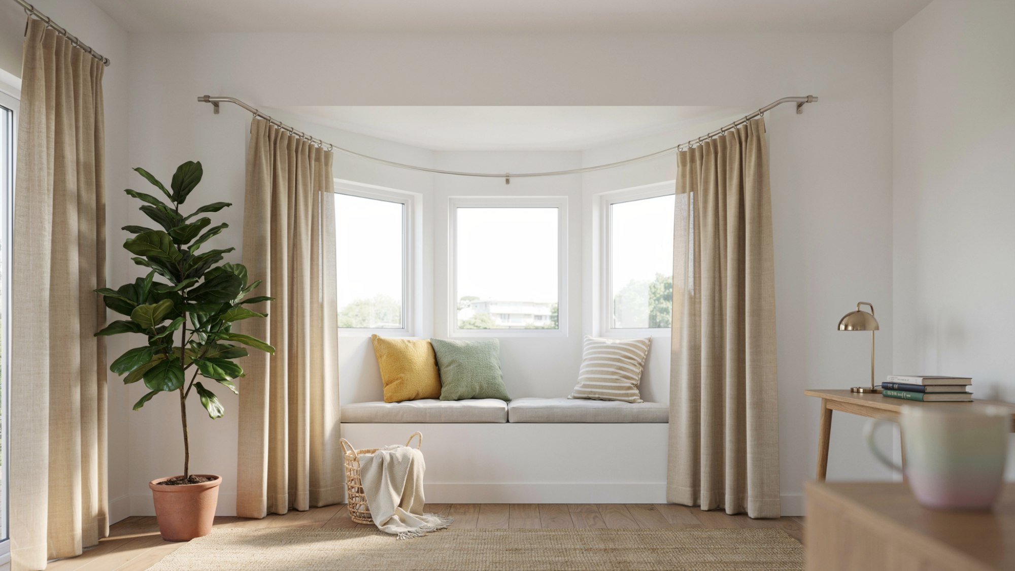bay window with curved PVC curtain rod DIY budget friendly flexible corner window interior scene.