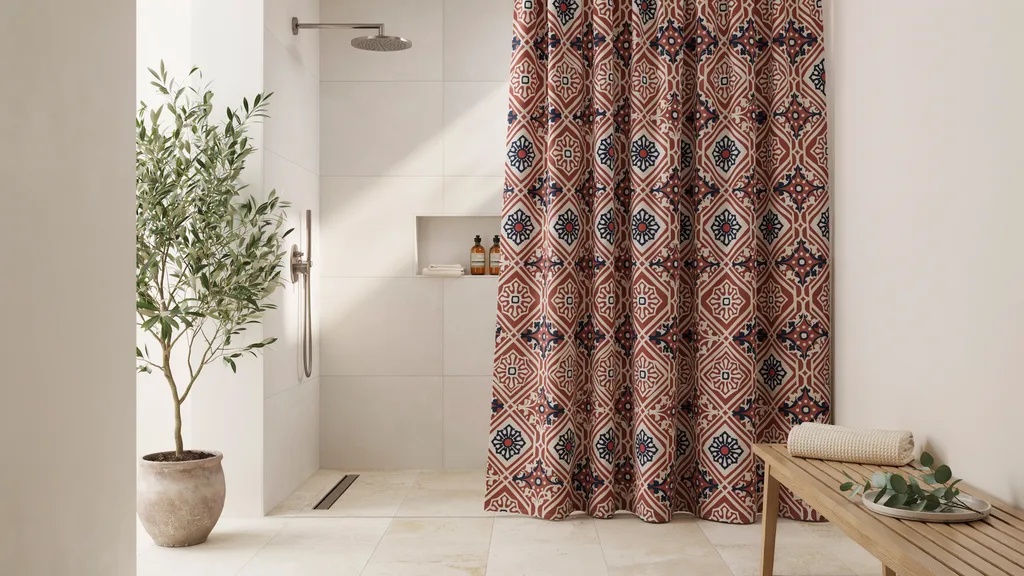 Walk-in shower featuring a decorative patterned curtain that serves as the main design element.