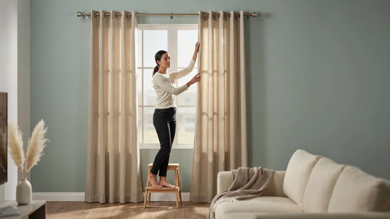 A person hanging the curtain rod on brackets and adjusting the curtain panels for an even, finished look.
