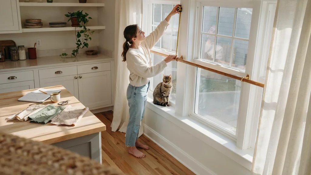 Measuring a kitchen window for cafe curtains with a tape measure.